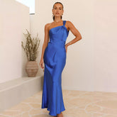 Halter Backless Dress Blue Slim Sleeveless Sling Midi Dress